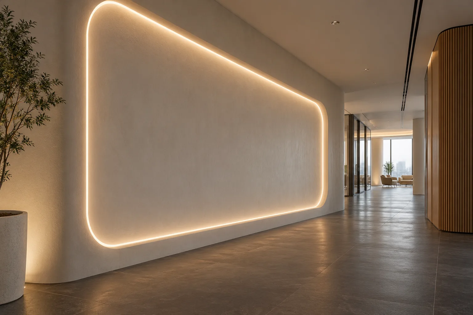 Illustrated commercial corridor with a rounded continuous wall light contour