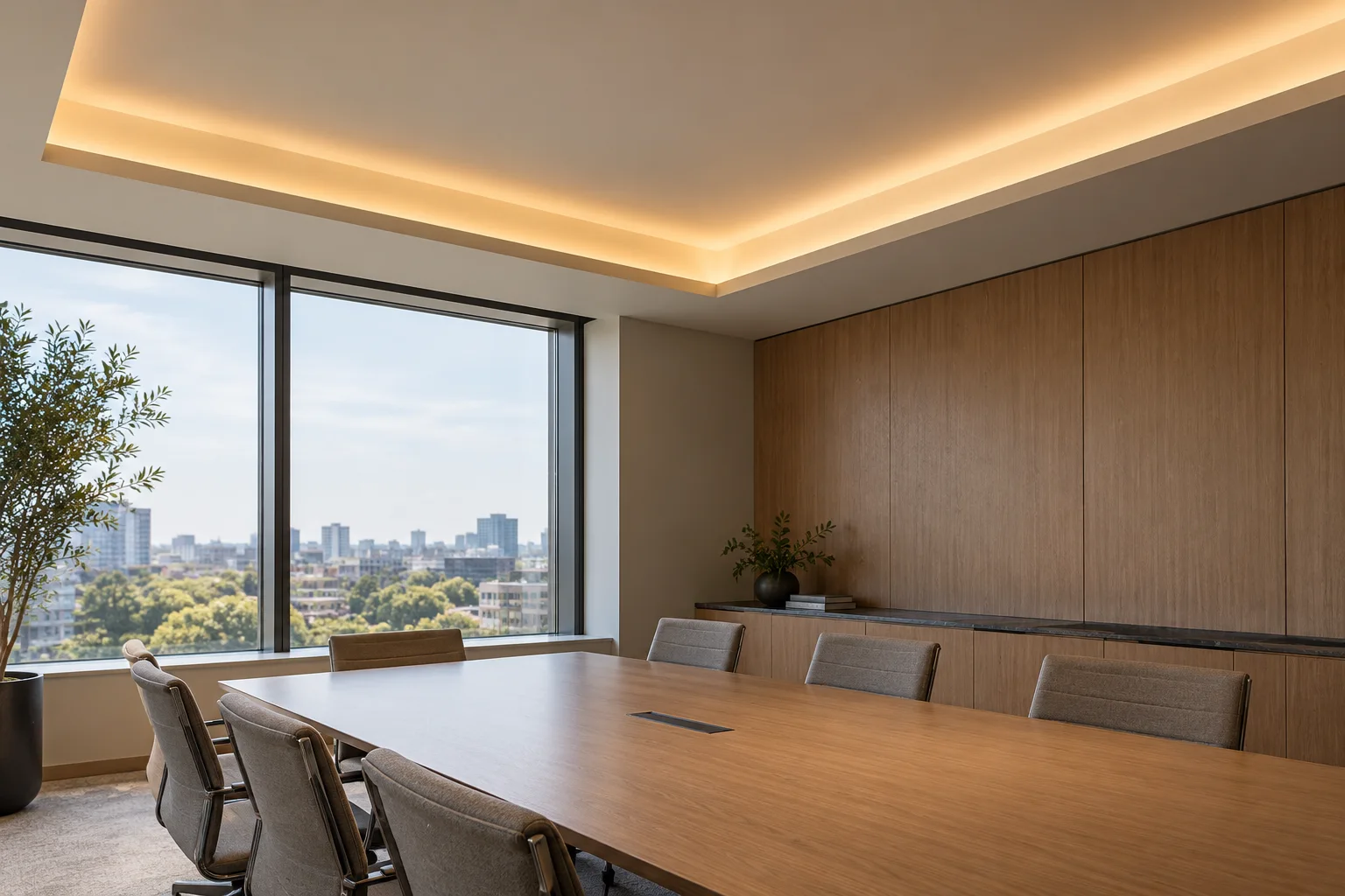 Illustrated meeting room with an illuminated perimeter ceiling cove