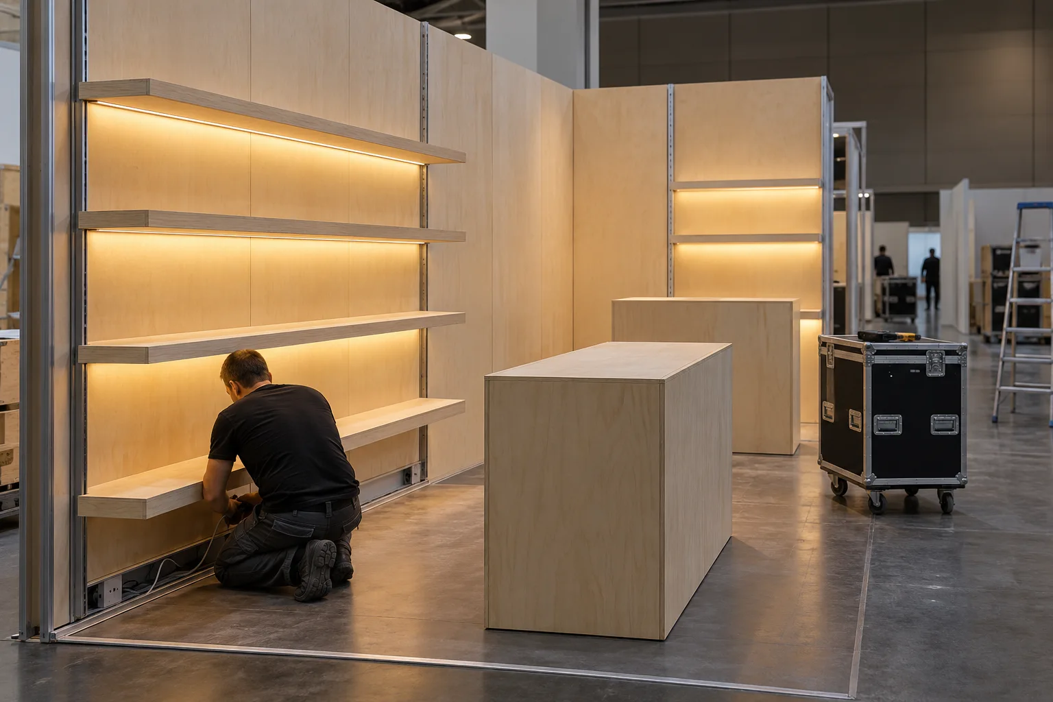 Illustrated modular exhibition shelves with integrated linear lighting
