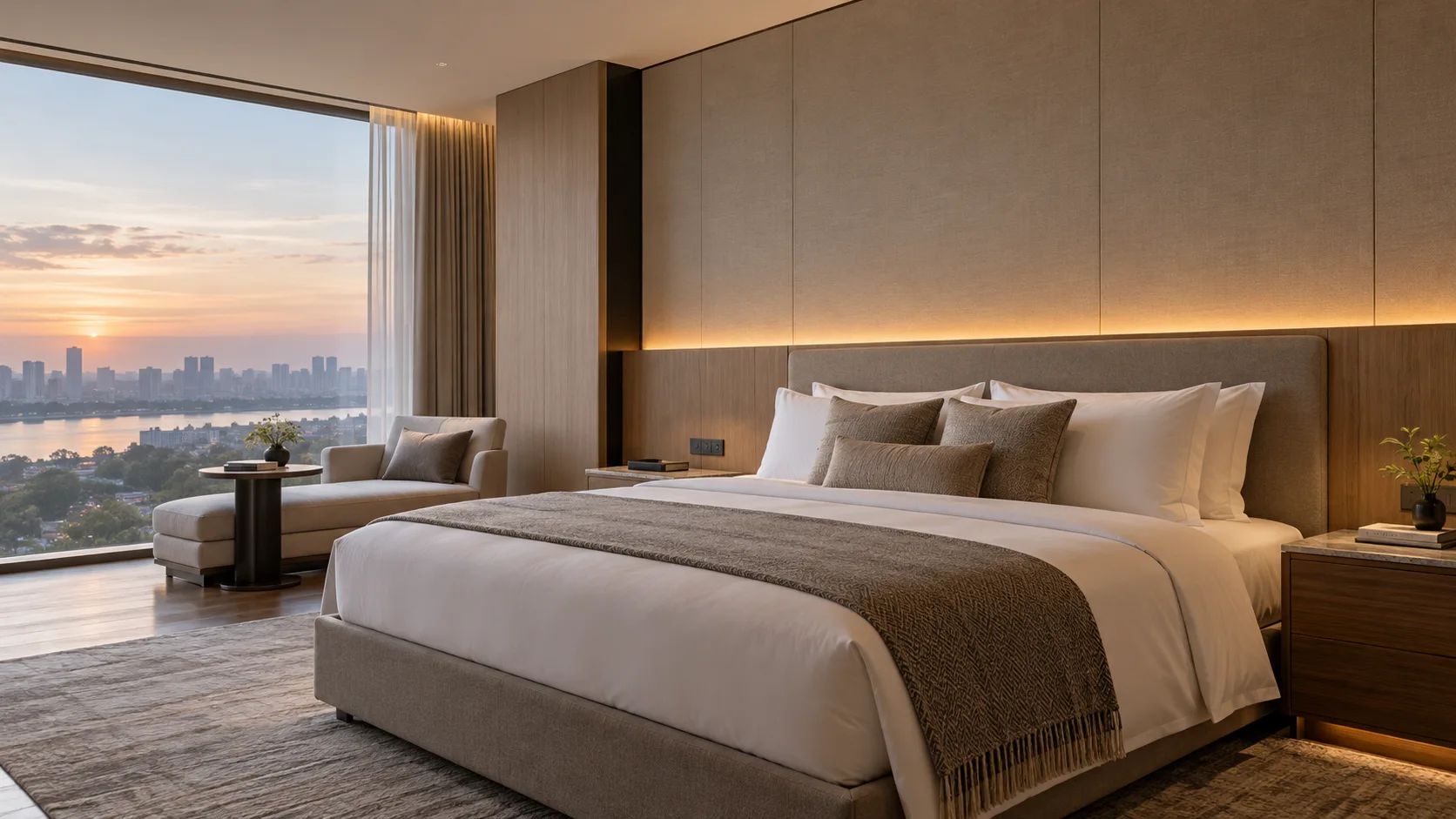 Illustrated hotel bedroom with concealed linear light integrated behind the headboard