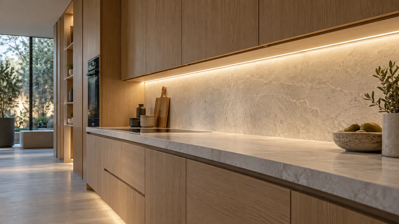 Illustrated cabinetry showroom with integrated under-cabinet linear LED lighting
