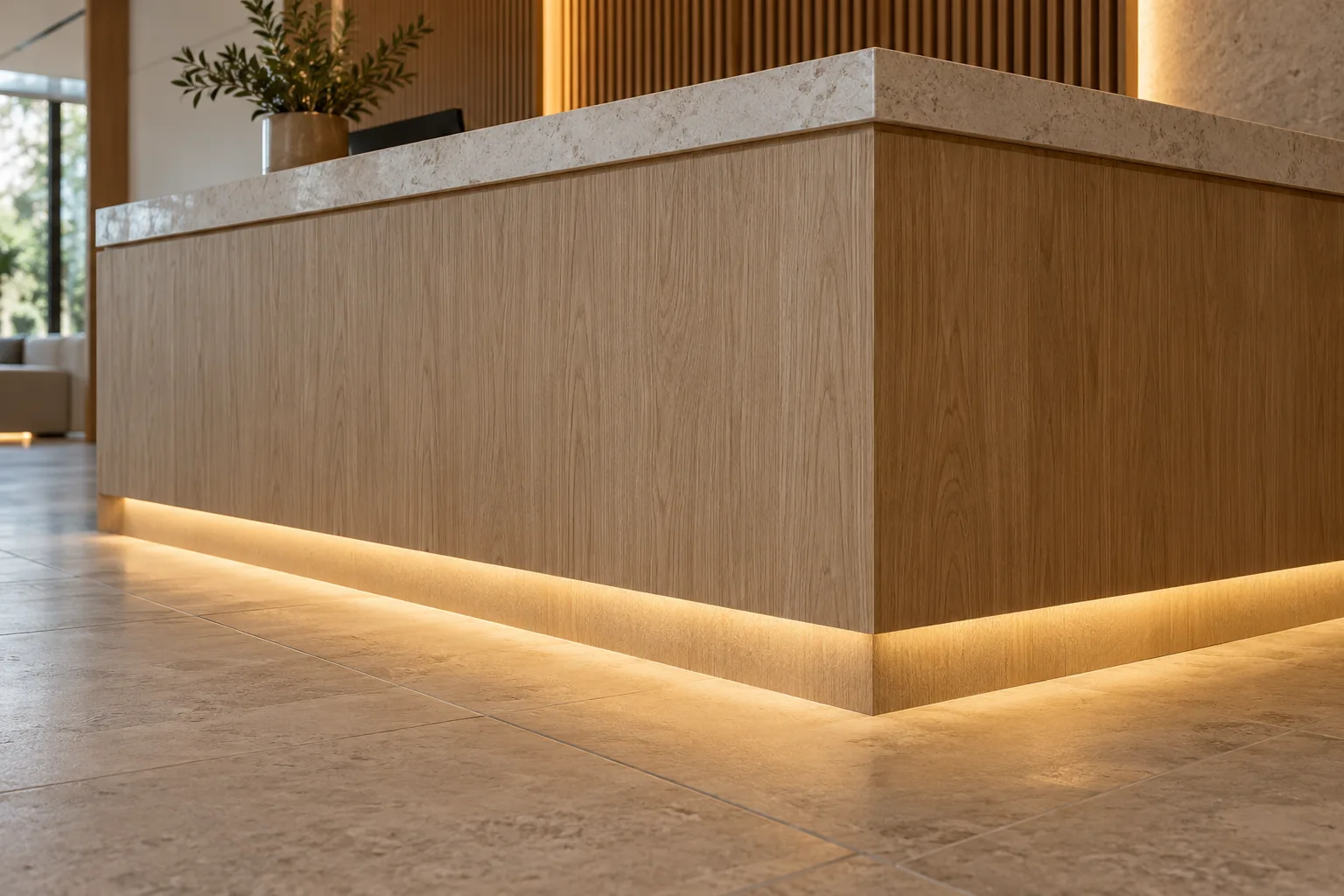 Illustrated reception desk with a concealed plinth light recess