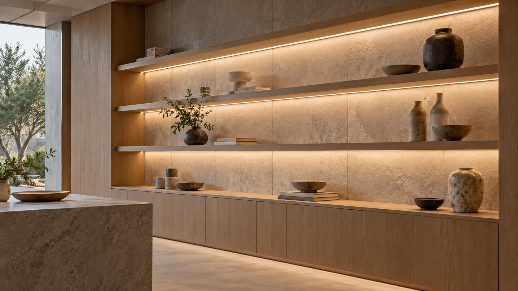 Illustrated modular display wall with concealed shelf LED light lines