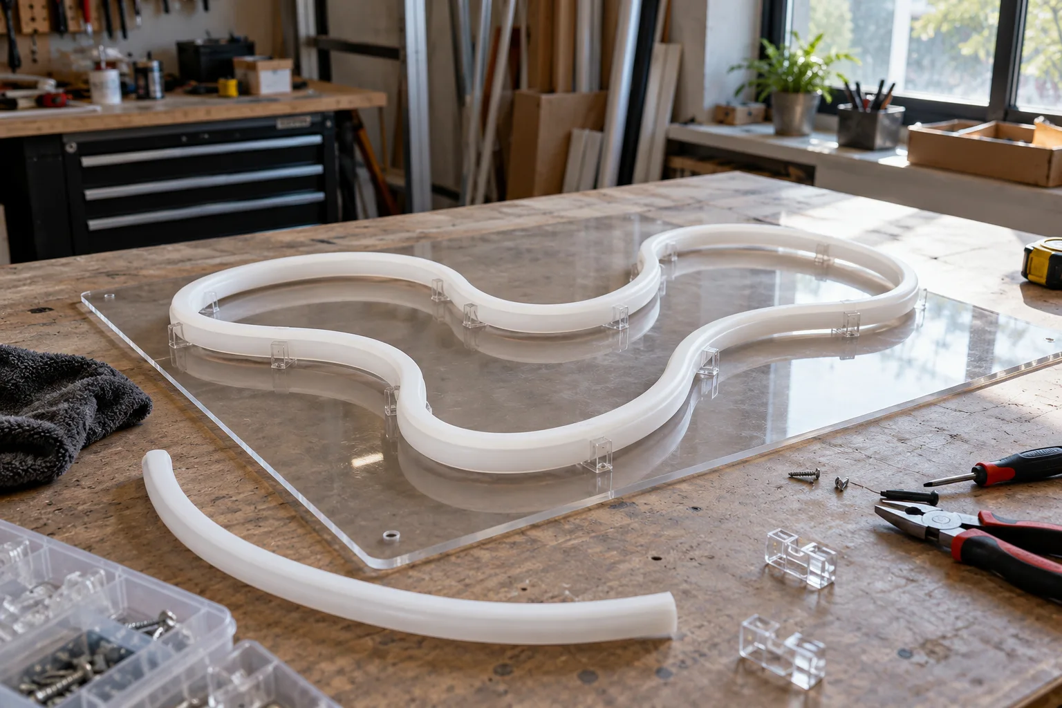 Illustrated sign-making bench with silicone neon flex and clear backing