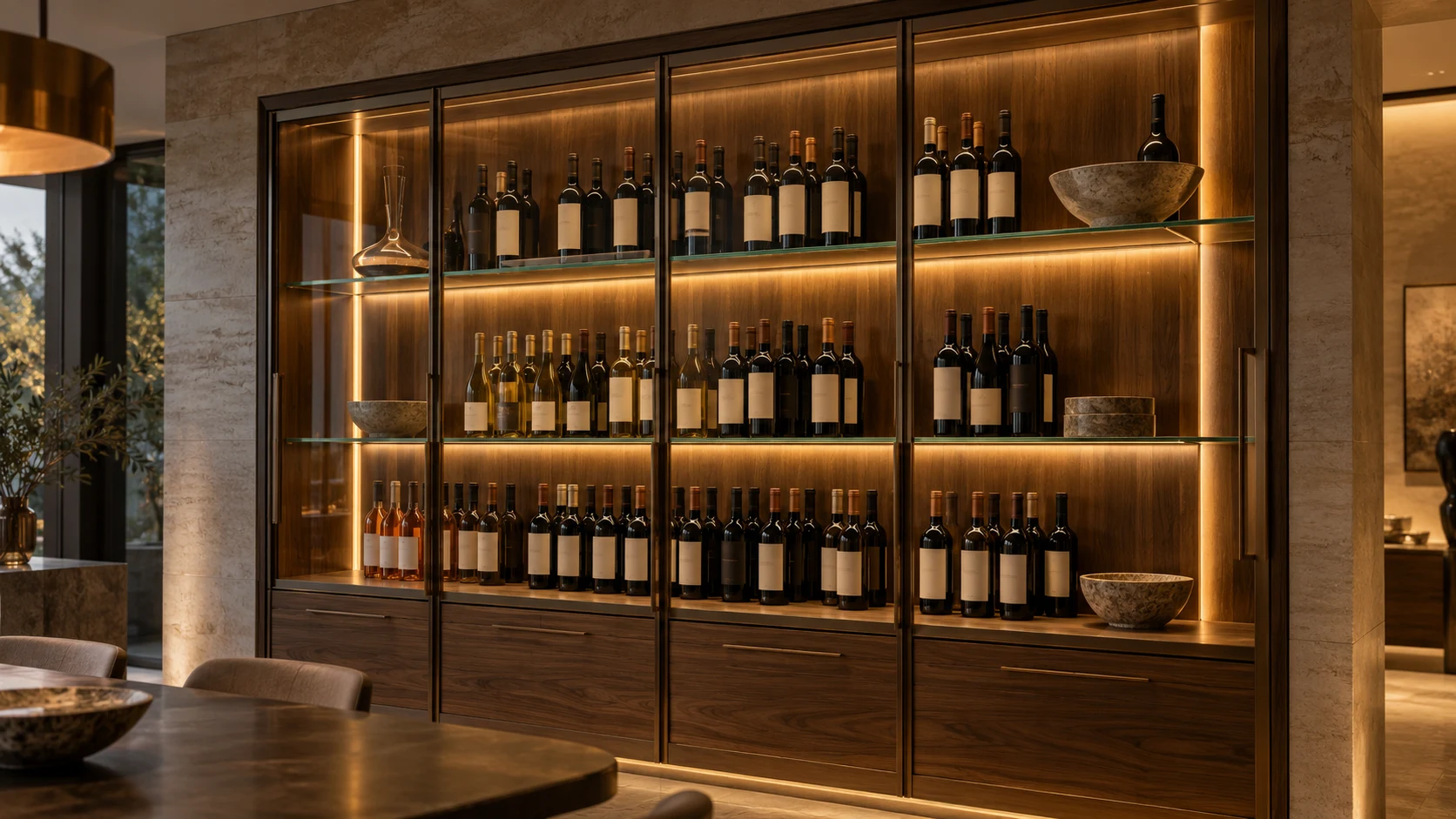 Illustrated walnut wine cabinet with warm integrated light along glass shelves