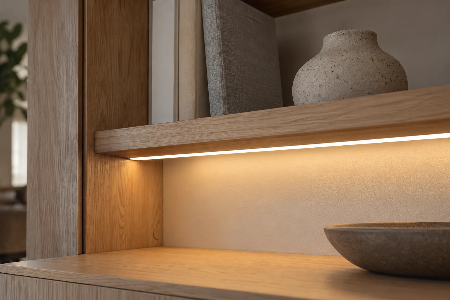 Concealed linear lighting beneath a shelf — application concept illustration